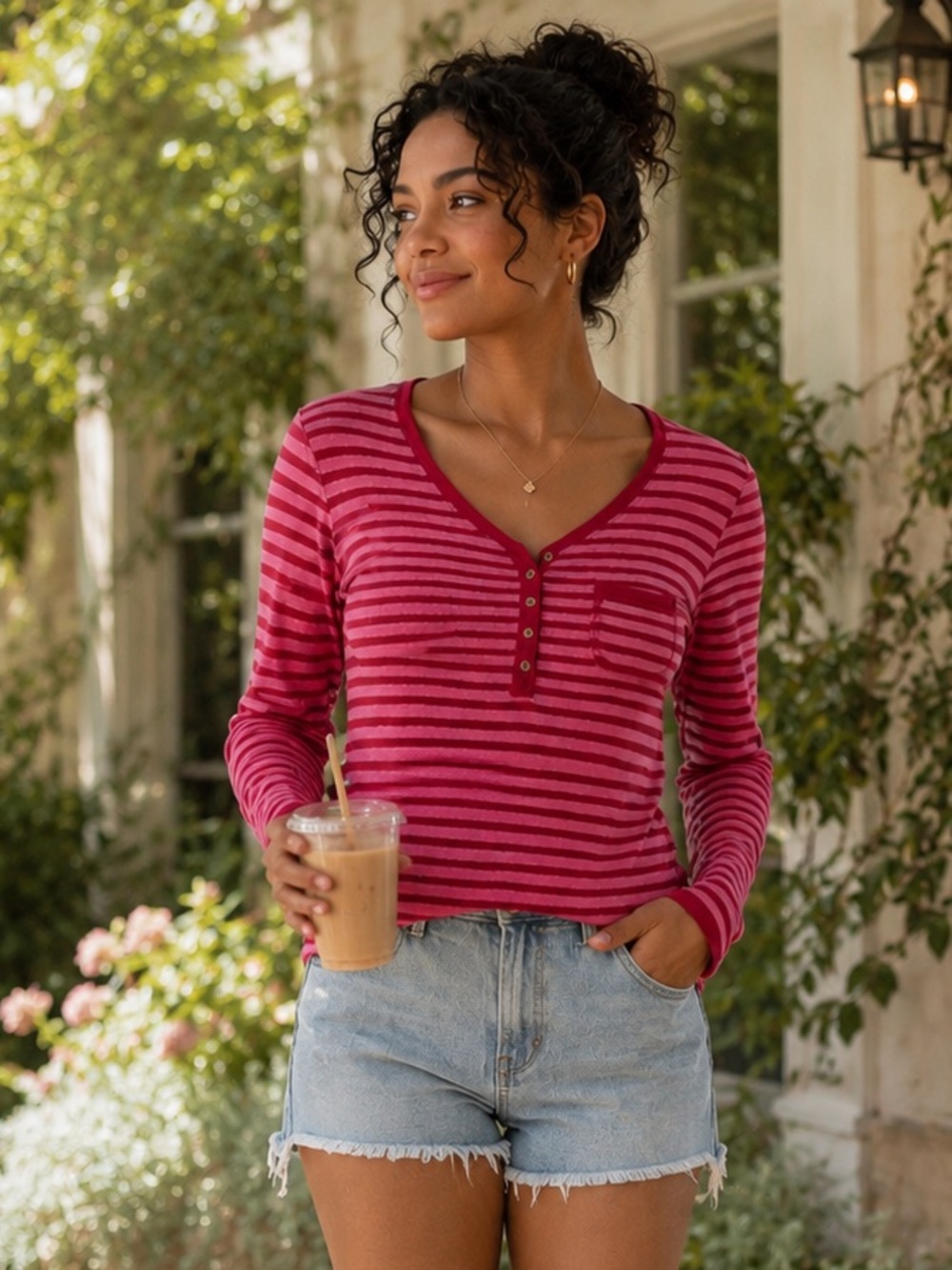 Victoria’s Secret Striped Pink Long-Sleeve Henley Top S